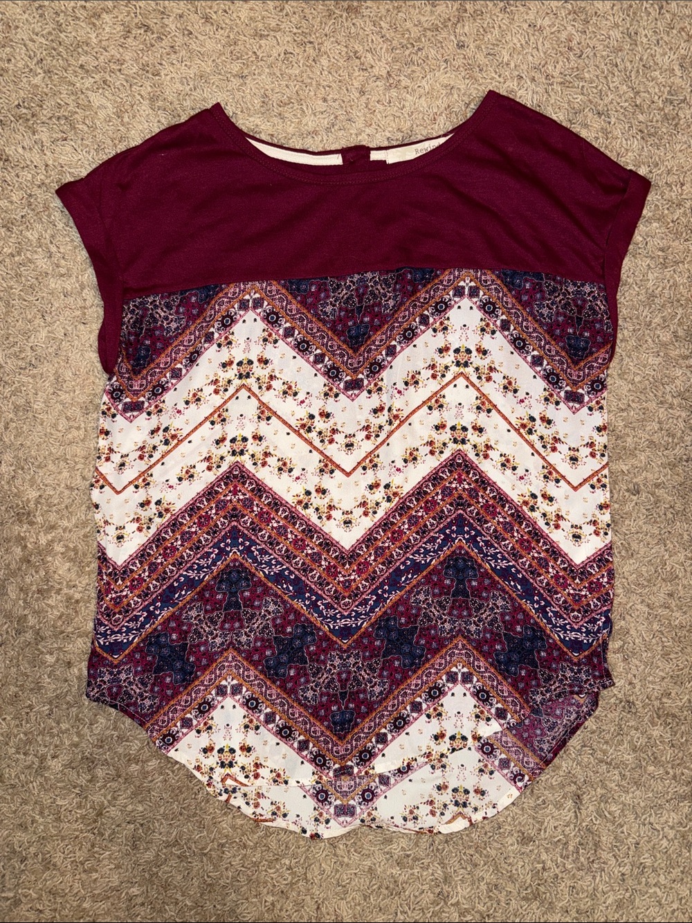 Rewind Burgundy and Multi Chevron Print Short Sleeve Top